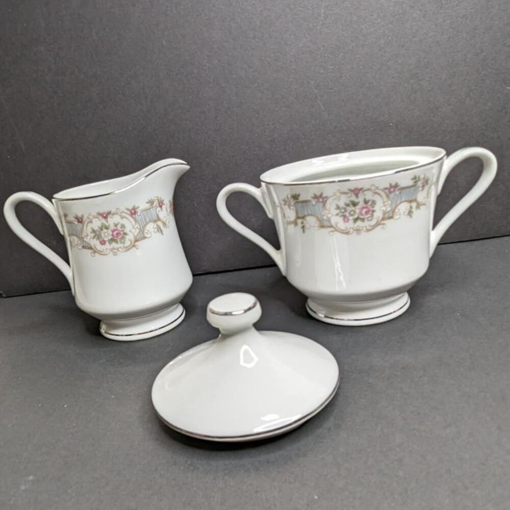 Fine China Japan Roquefort Creamer Sugar Set Silver Trim Floral Pattern